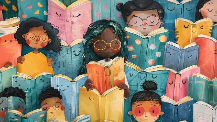 KI-generierte Zeichnung mit Kindern, die in Büchern lesen